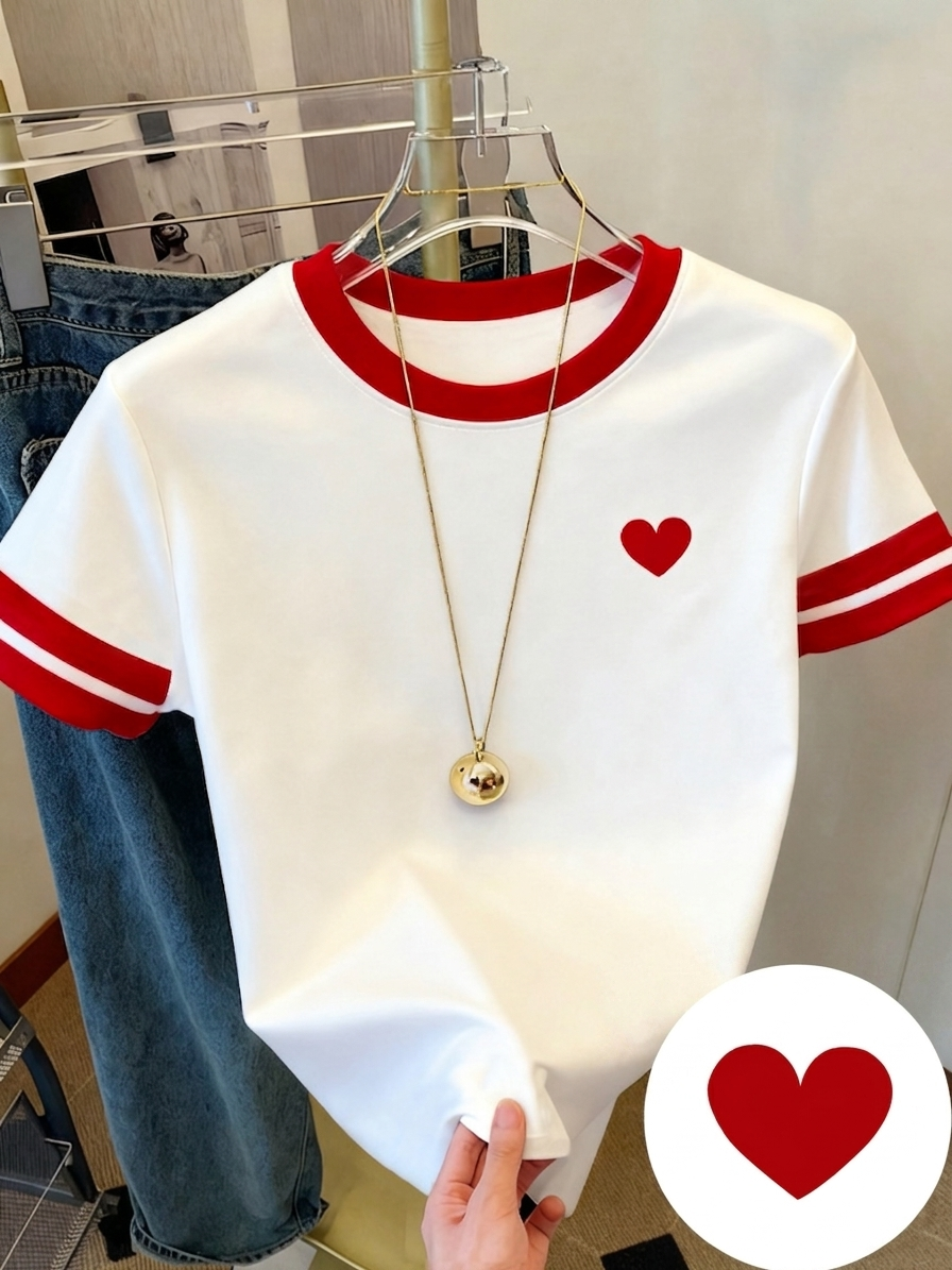 Damen T-Shirt mit Herz-Print, sportlich-lässiger Stil, ideal für Alltag und Freizeit
