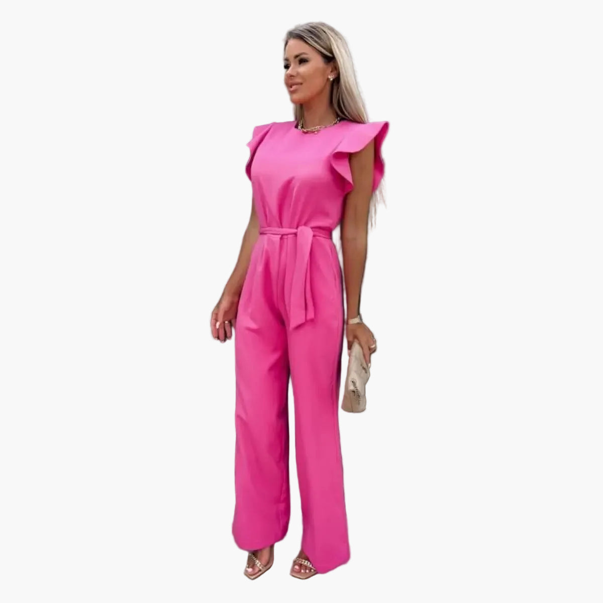 Damen Jumpsuit Elegant mit Gürtel und Volantärmeln – Modischer Einteiler für Büro & Freizeit
