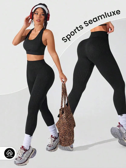 Damen Seamless Leggings Rippstrick – Sport & Freizeit, Figurformend, High Waist