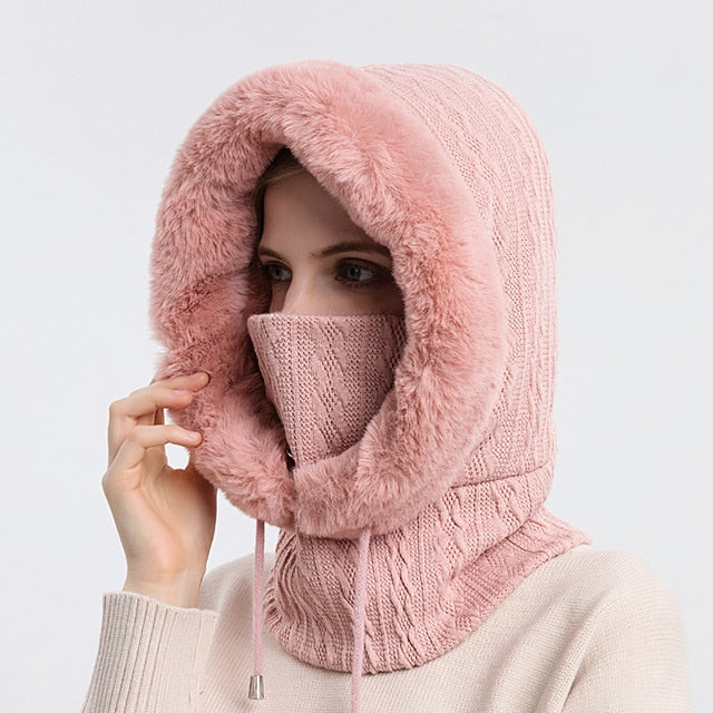 Gestrickte Balaklava-Haube mit Kunstpelz-Futter und Gesichtsschutz