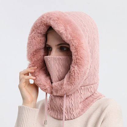 Gestrickte Balaklava-Haube mit Kunstpelz-Futter und Gesichtsschutz
