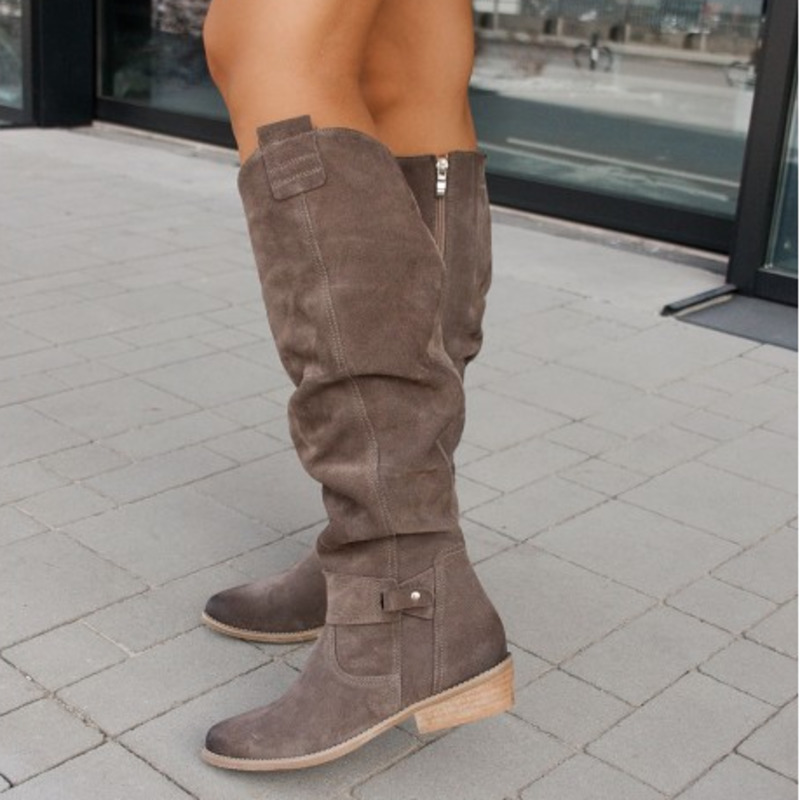Damen Overknee-Stiefel mit niedrigem Absatz – langschaftiger City-Boot mit Reißverschluss