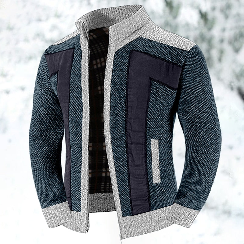 Herren Strickjacke Reißverschluss Stehkragen Patchwork Muster