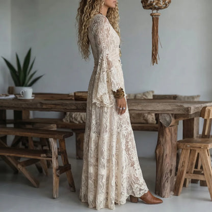 Damen Spitzen Maxikleid Beige V-Ausschnitt Glockenärmel Boho Stil