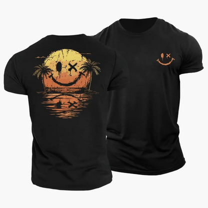 Herren Vintage T-Shirt mit Smiley-Sonnenuntergang, Surfer & Palmen – Retro Sommer Freizeitshirt