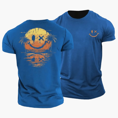Herren Vintage T-Shirt mit Smiley-Sonnenuntergang, Surfer & Palmen – Retro Sommer Freizeitshirt