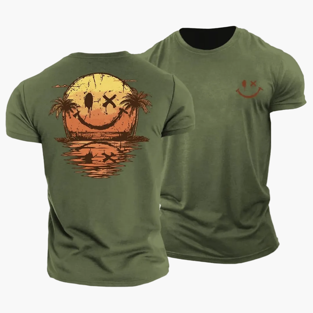 Herren Vintage T-Shirt mit Smiley-Sonnenuntergang, Surfer & Palmen – Retro Sommer Freizeitshirt
