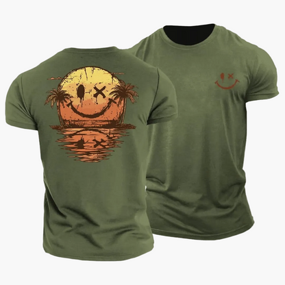Herren Vintage T-Shirt mit Smiley-Sonnenuntergang, Surfer & Palmen – Retro Sommer Freizeitshirt