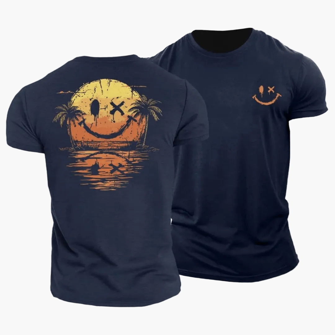 Herren Vintage T-Shirt mit Smiley-Sonnenuntergang, Surfer & Palmen – Retro Sommer Freizeitshirt