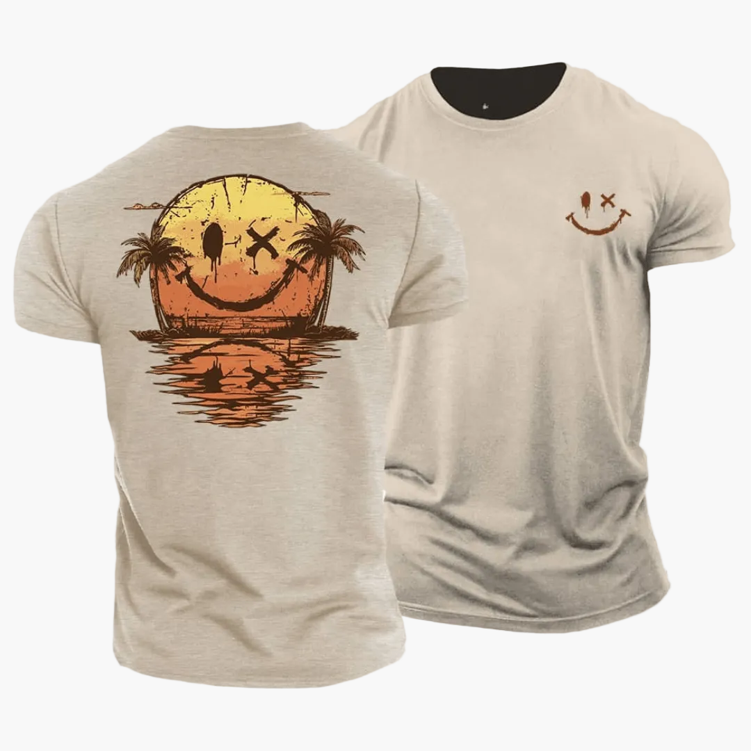 Herren Vintage T-Shirt mit Smiley-Sonnenuntergang, Surfer & Palmen – Retro Sommer Freizeitshirt