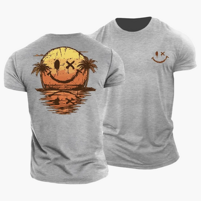 Herren Vintage T-Shirt mit Smiley-Sonnenuntergang, Surfer & Palmen – Retro Sommer Freizeitshirt