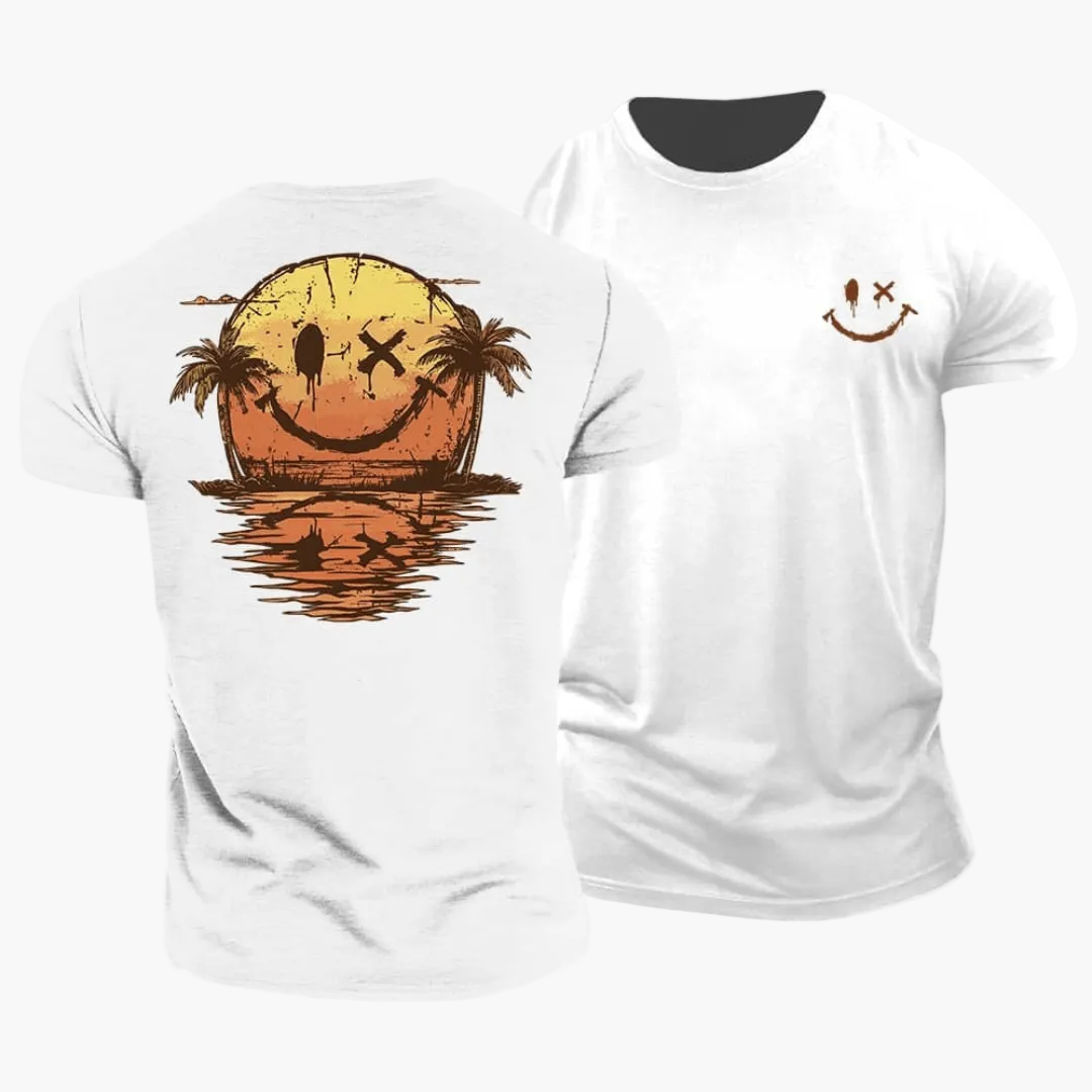 Herren Vintage T-Shirt mit Smiley-Sonnenuntergang, Surfer & Palmen – Retro Sommer Freizeitshirt