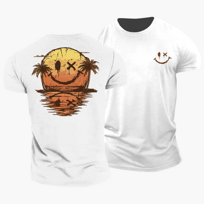 Herren Vintage T-Shirt mit Smiley-Sonnenuntergang, Surfer & Palmen – Retro Sommer Freizeitshirt