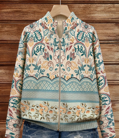 Damen Bomberjacke mit floralem und ornamentalem Muster, Reißverschluss