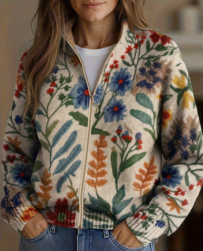 Damen Strickjacke mit Reißverschluss und buntem Blumenmuster