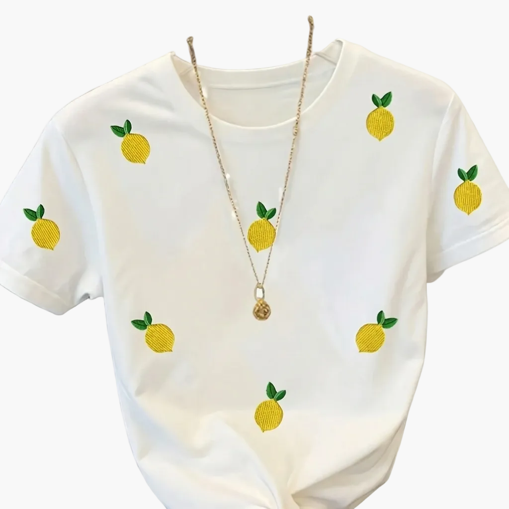 Damen T-Shirt mit Zitronenstickerei – Verspieltes Casual Shirt mit echter Stickerei