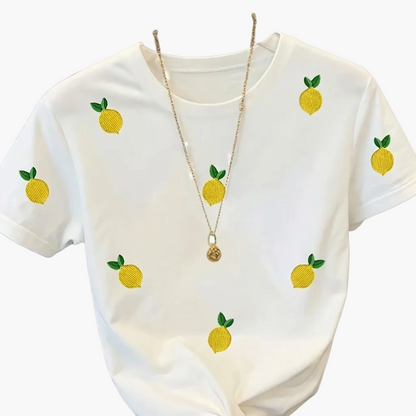 Damen T-Shirt mit Zitronenstickerei – Verspieltes Casual Shirt mit echter Stickerei