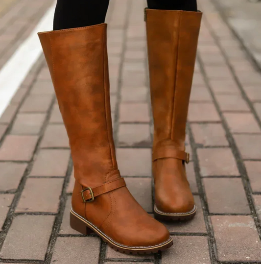 Damen Kniehohe Stiefel mit Schnalle Reißverschluss und Profilsohle in Braun