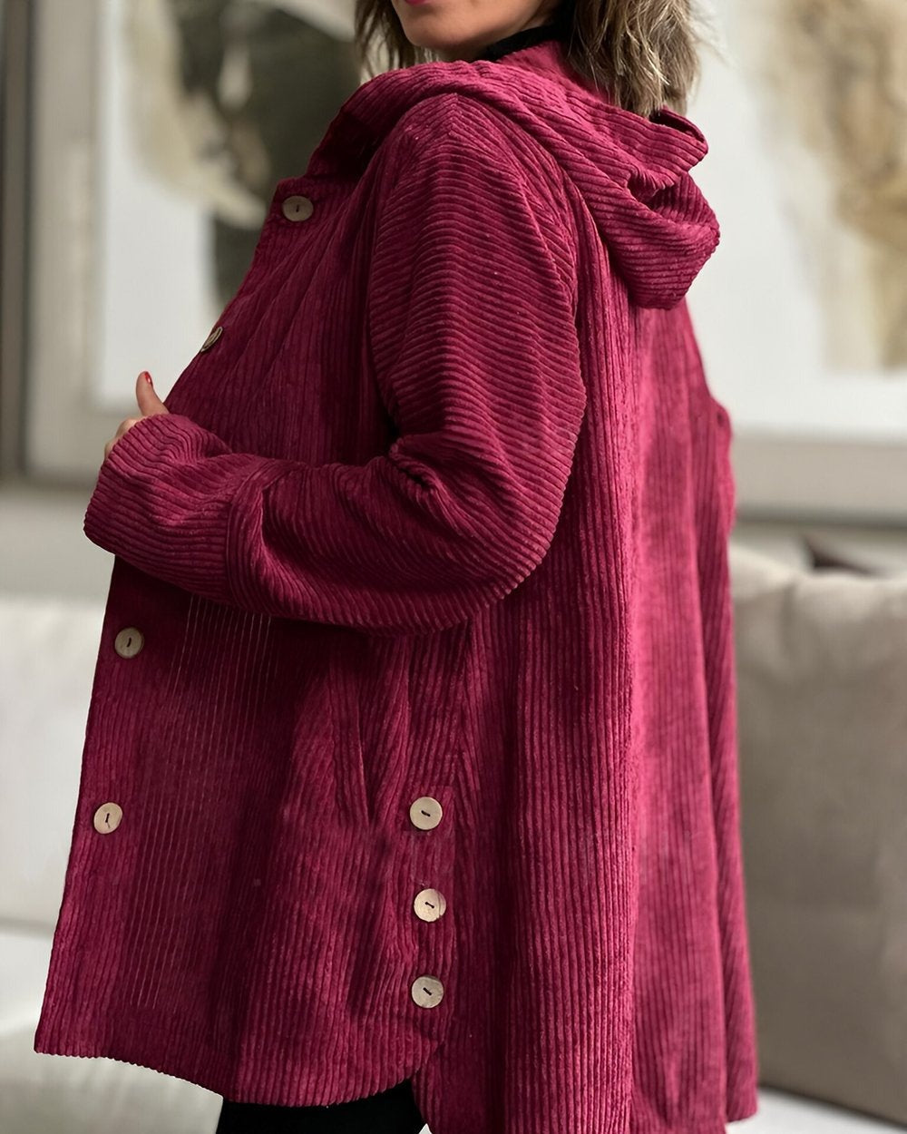 Damen Cordjacke mit Kapuze und Knopfleiste, lässiger Stil
