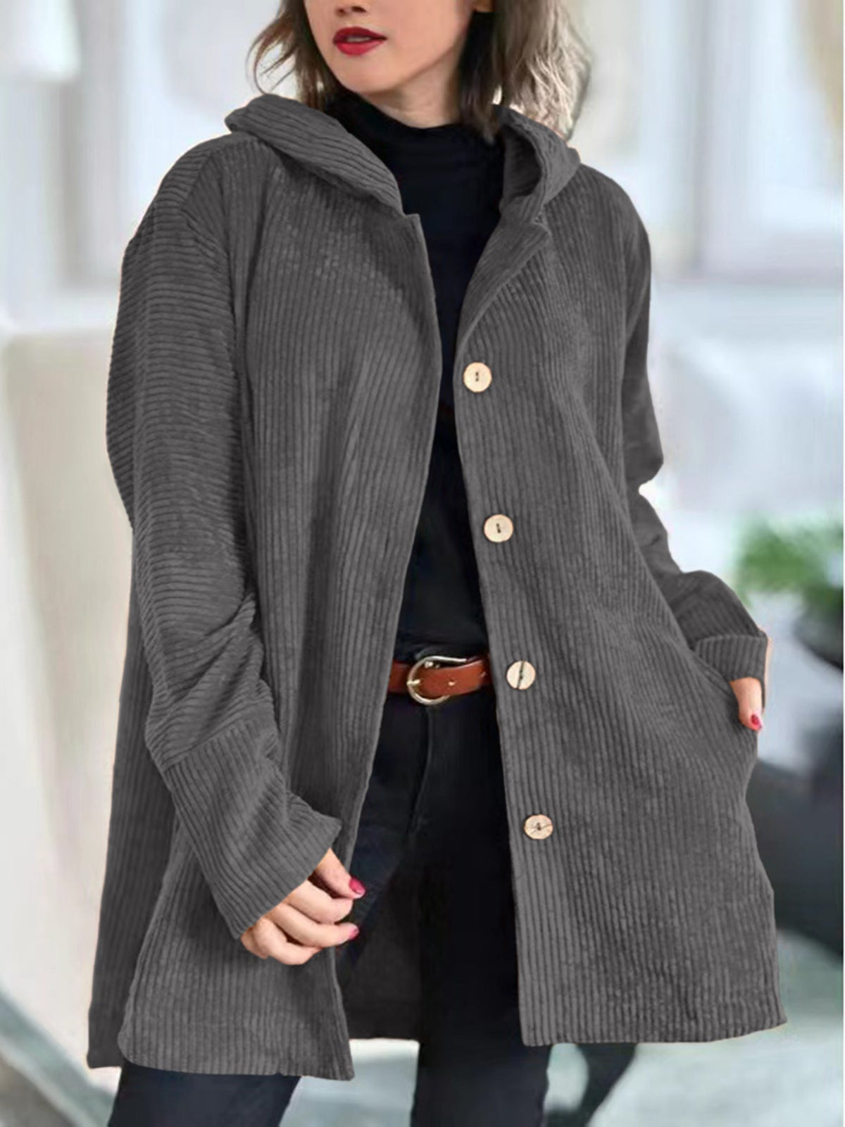 Damen Cordjacke mit Kapuze und Knopfleiste, lässiger Stil