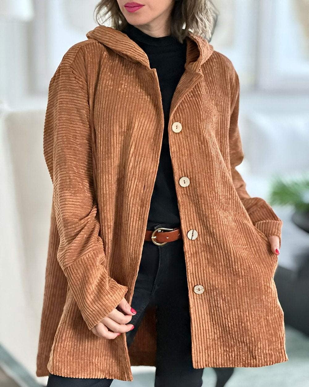 Damen Cordjacke mit Kapuze und Knopfleiste, lässiger Stil