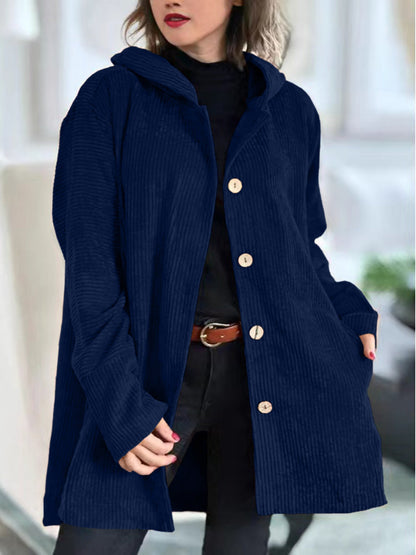 Damen Cordjacke mit Kapuze und Knopfleiste, lässiger Stil
