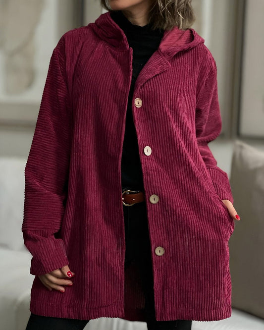 Damen Cordjacke mit Kapuze und Knopfleiste, lässiger Stil