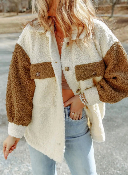 Damen Teddy-Jacke Zweifarbig mit Knöpfen und Brusttaschen Creme-Rosé
