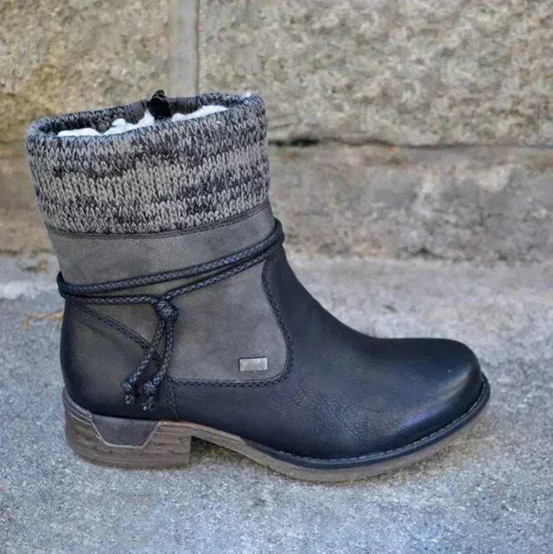 Damen Winterstiefelette mit Strickbund und dekorativer Schnürung Braun
