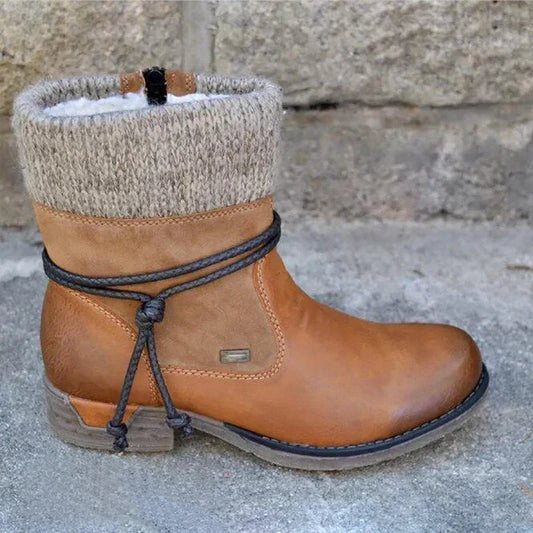 Damen Winterstiefelette mit Strickbund und dekorativer Schnürung Braun