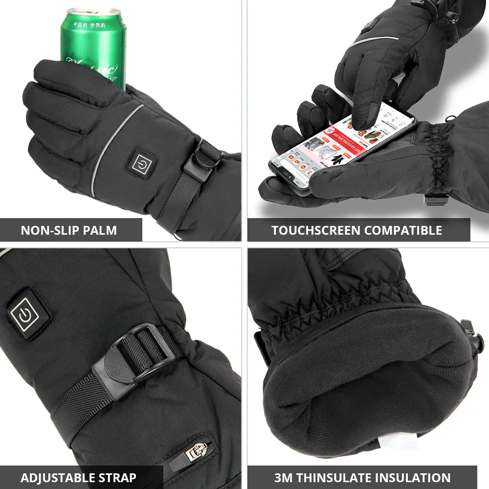 Beheizbare Handschuhe Schwarz mit Touchscreen-Funktion & Schnallenverschluss