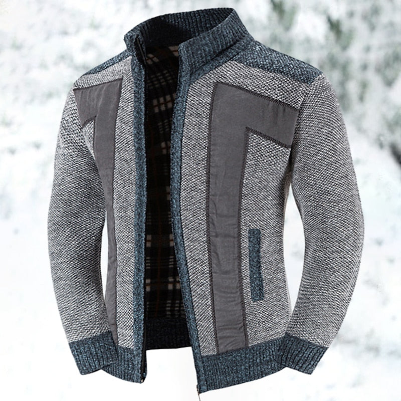Herren Strickjacke Reißverschluss Stehkragen Patchwork Muster