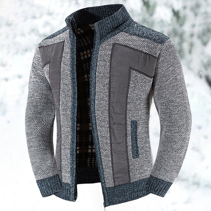 Herren Strickjacke Reißverschluss Stehkragen Patchwork Muster