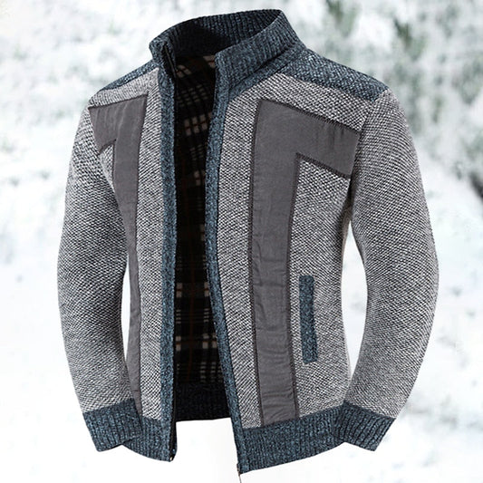 Herren Strickjacke Reißverschluss Stehkragen Patchwork Muster