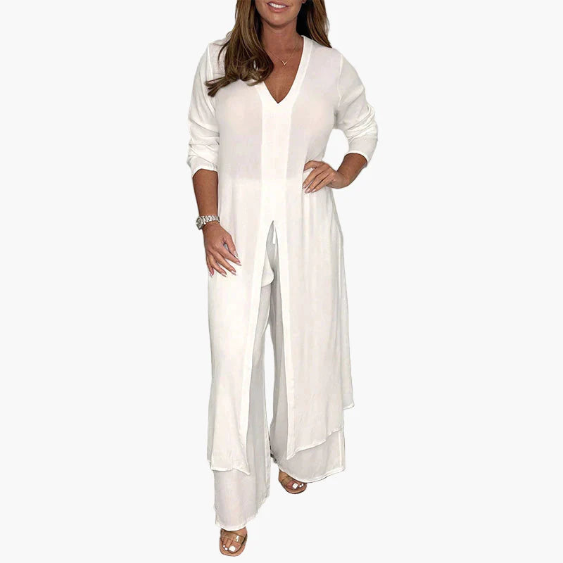 Damen Zweiteiliges Freizeitanzug Set – Eleganter Langer Blazer & Weite Hose für Alltag und besondere Anlässe