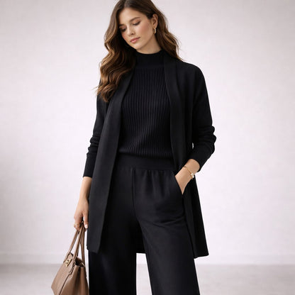 Damen Loungewear Set mit Rippstrick-Oberteil, Hose und Cardigan