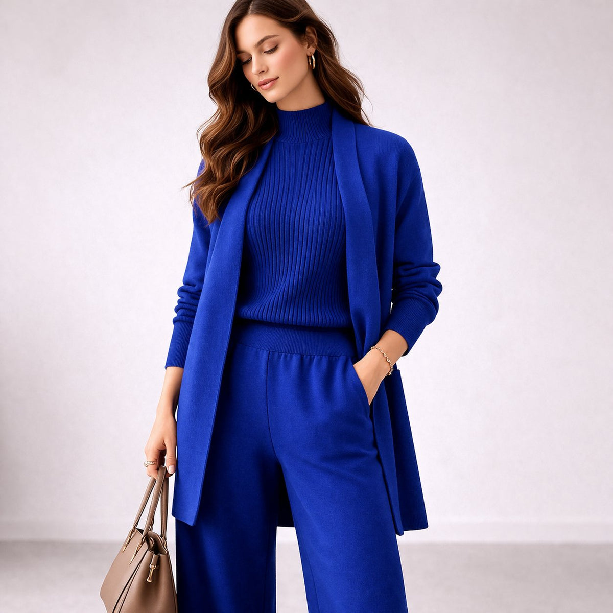 Damen Loungewear Set mit Rippstrick-Oberteil, Hose und Cardigan