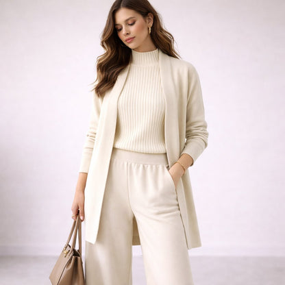 Damen Loungewear Set mit Rippstrick-Oberteil, Hose und Cardigan