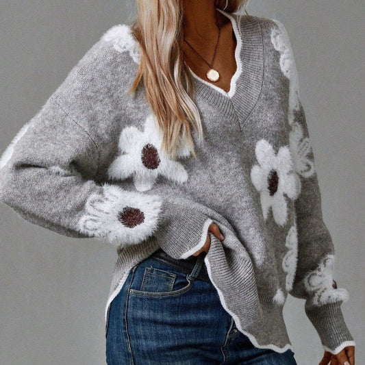 Damen Strickpullover mit V-Ausschnitt und Blumenmuster