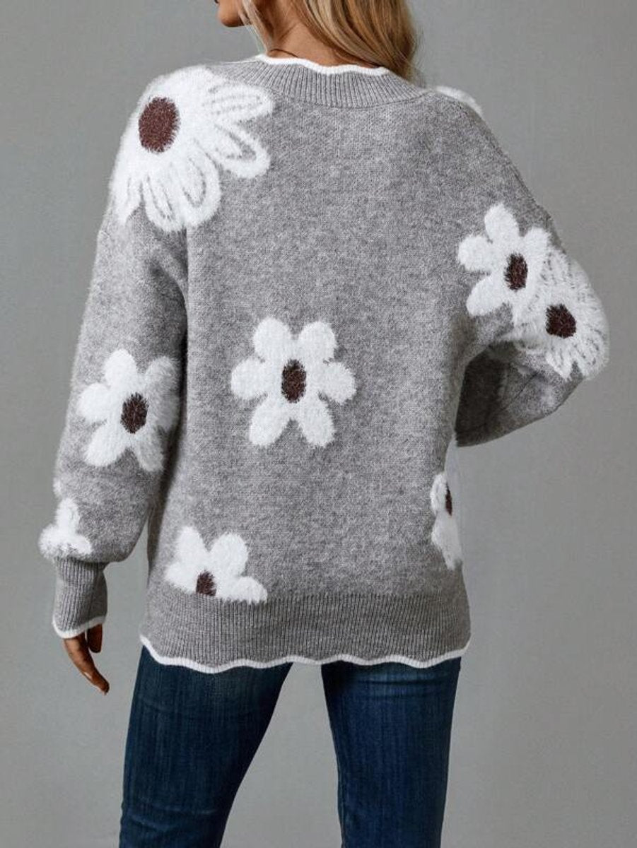 Damen Strickpullover mit V-Ausschnitt und Blumenmuster