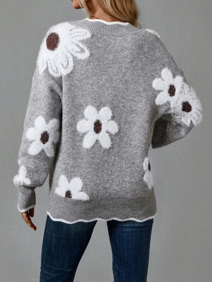 Damen Strickpullover mit V-Ausschnitt und Blumenmuster
