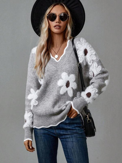 Damen Strickpullover mit V-Ausschnitt und Blumenmuster
