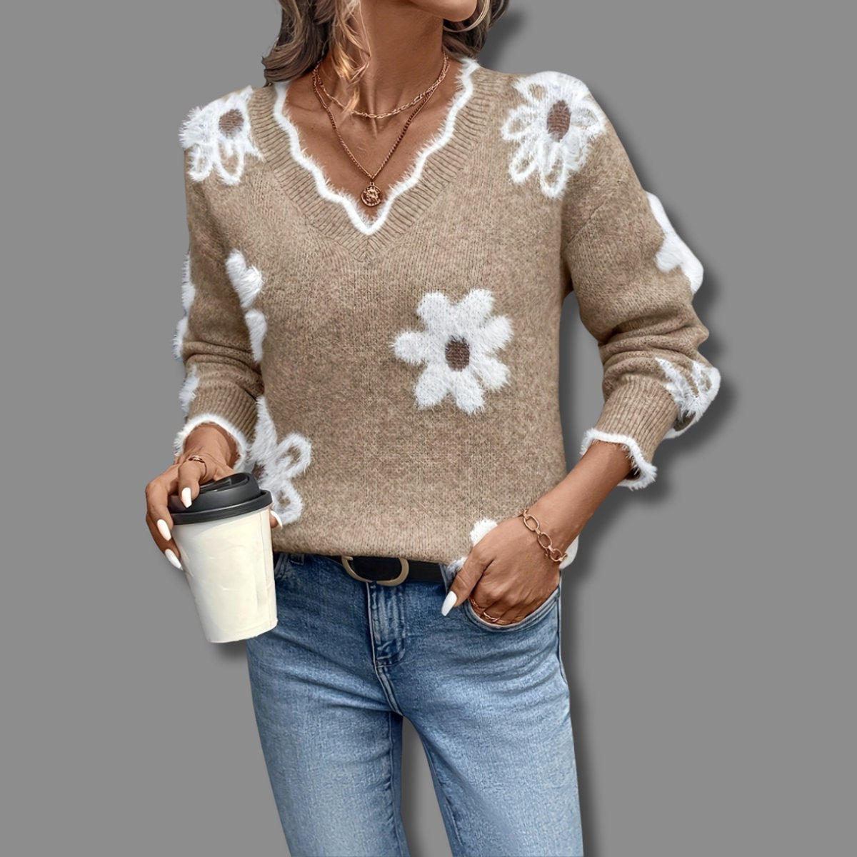 Damen Strickpullover mit V-Ausschnitt und Blumenmuster