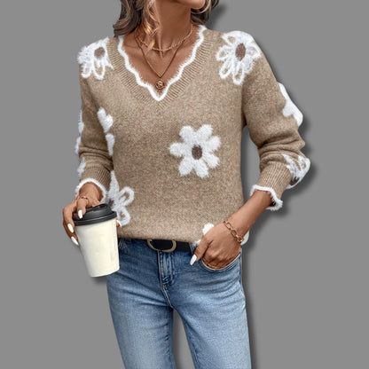 Damen Strickpullover mit V-Ausschnitt und Blumenmuster