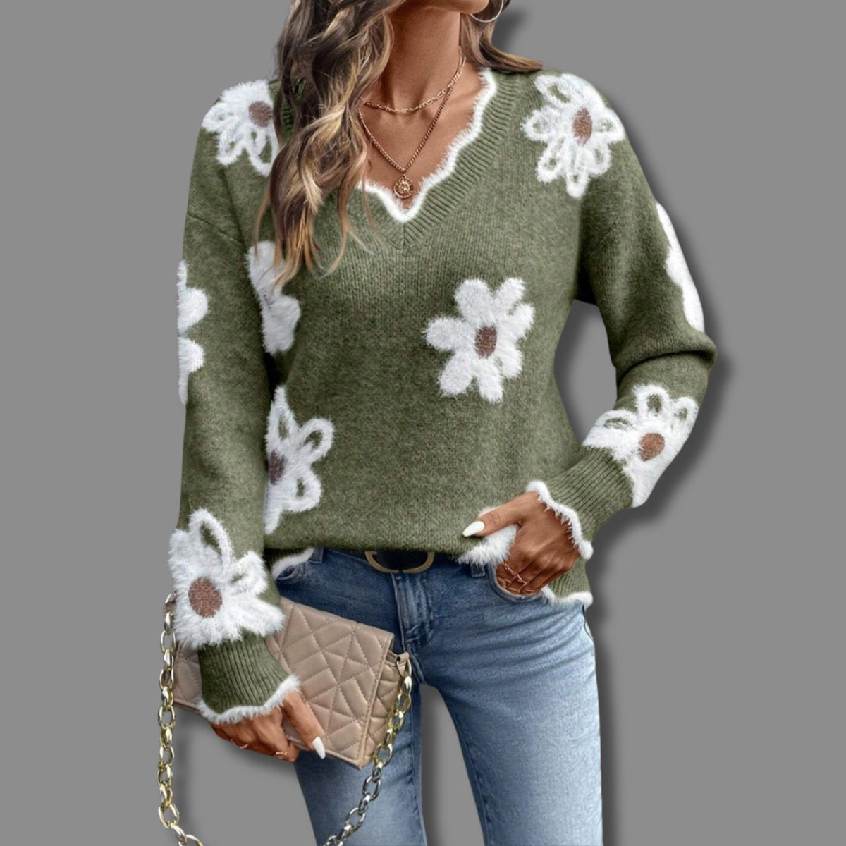 Damen Strickpullover mit V-Ausschnitt und Blumenmuster