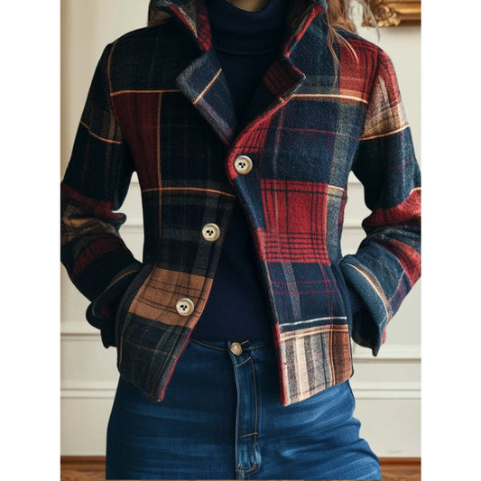 Damen Karo-Patchwork Kurzjacke mit Reverskragen und Knöpfen