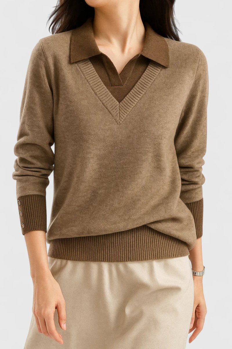 Damen V-Ausschnitt Pullover mit Kragen und Manschettendetails
