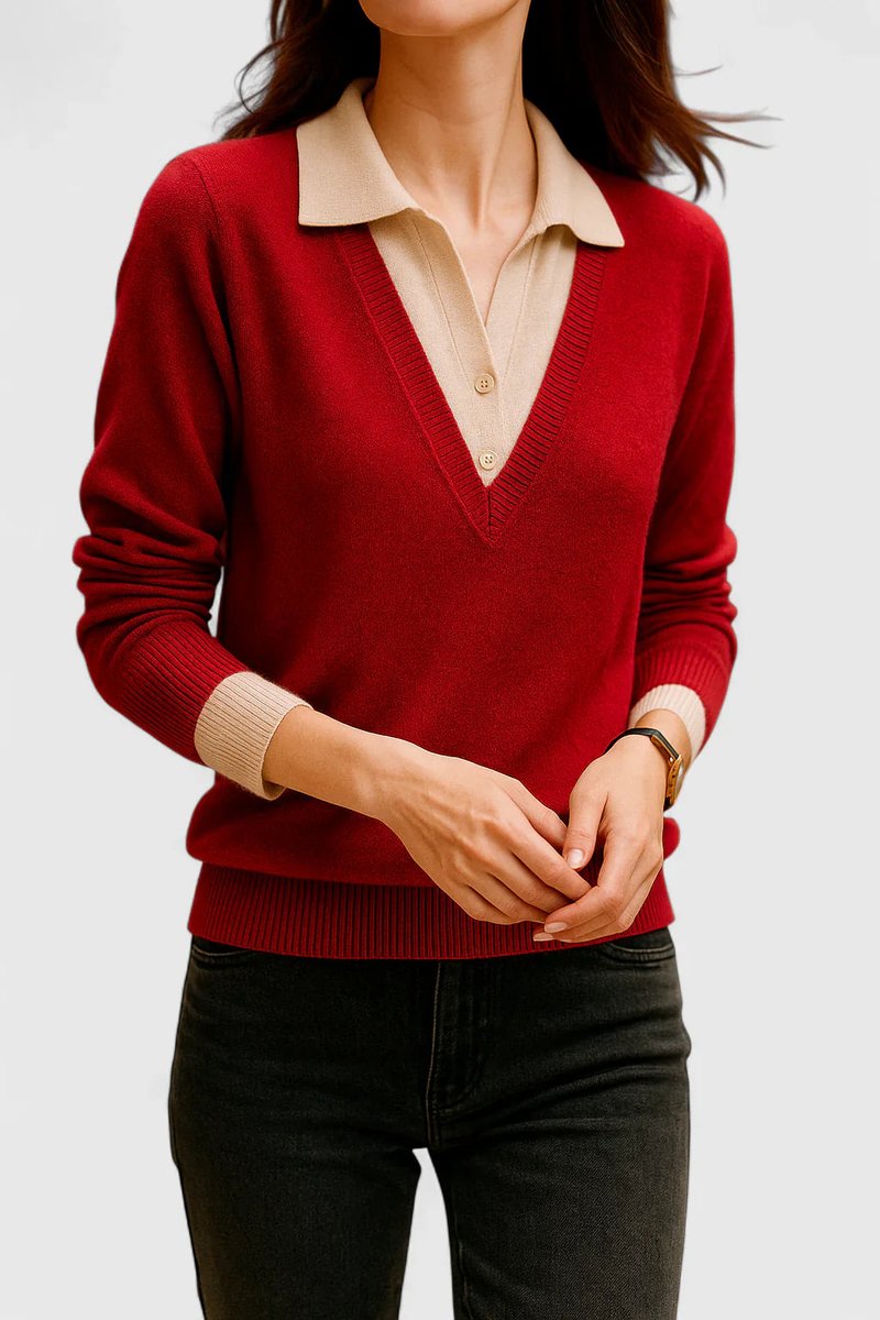 Damen V-Ausschnitt Pullover mit Kragen und Manschettendetails