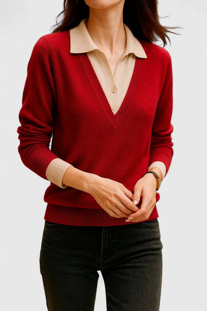 Damen V-Ausschnitt Pullover mit Kragen und Manschettendetails