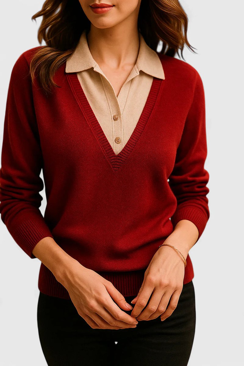 Damen V-Ausschnitt Pullover mit Kragen und Manschettendetails